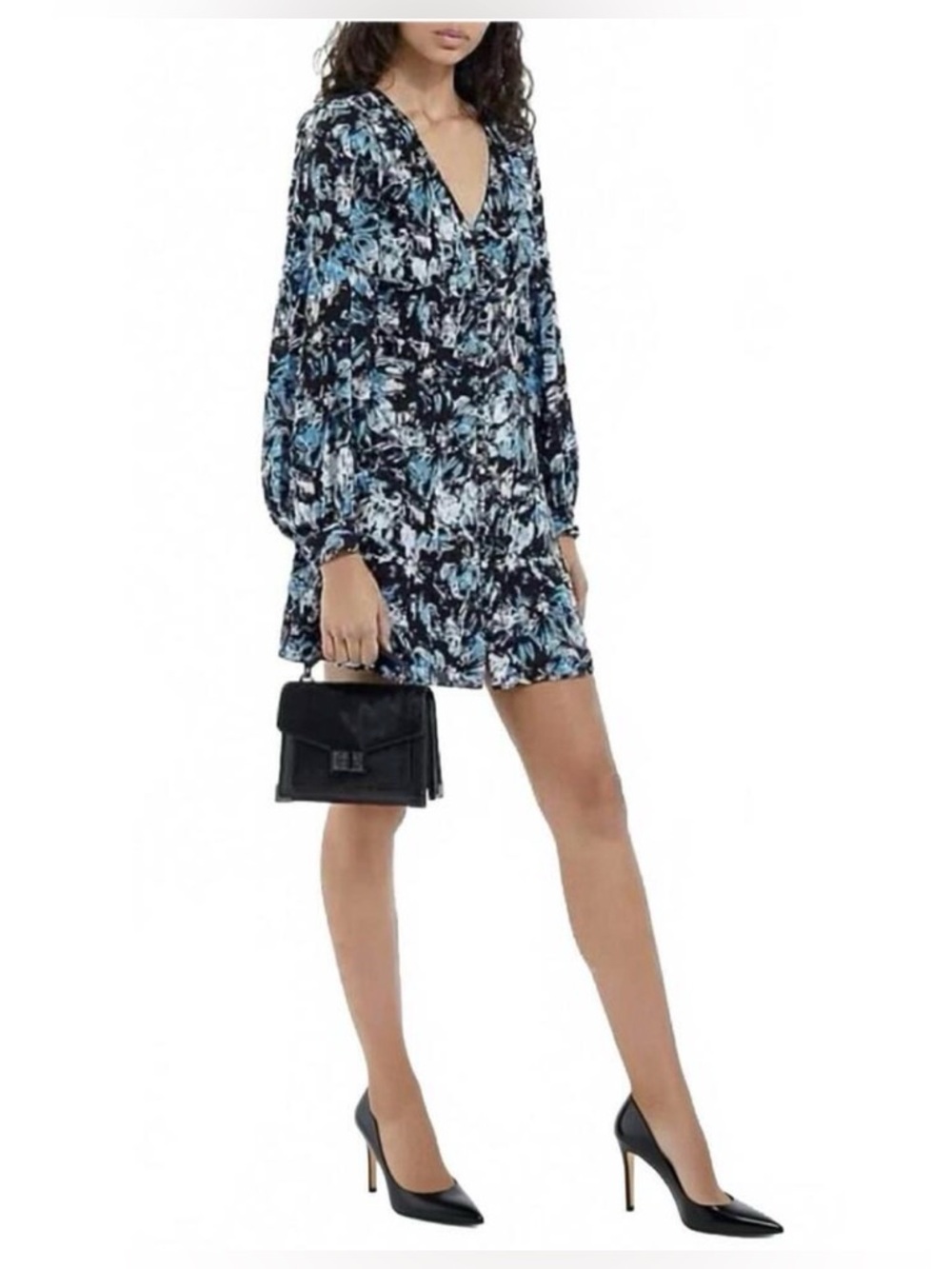 The Kooples Firework Mini Dress Blue Long Sleeve V Neck Small